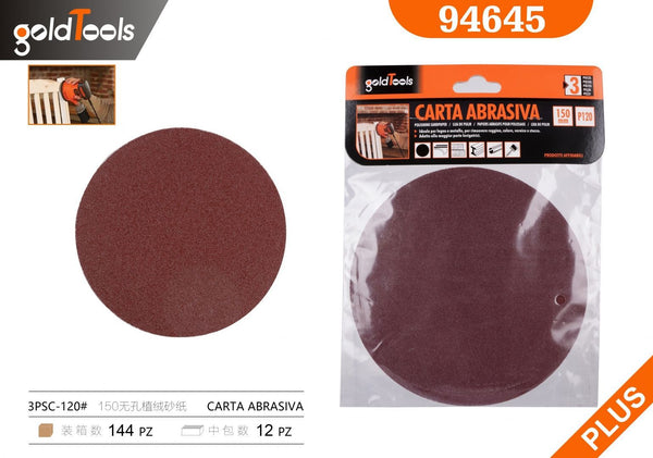 Carta abrasiva senza fori, grana 120, formato 150, 3 pezzi