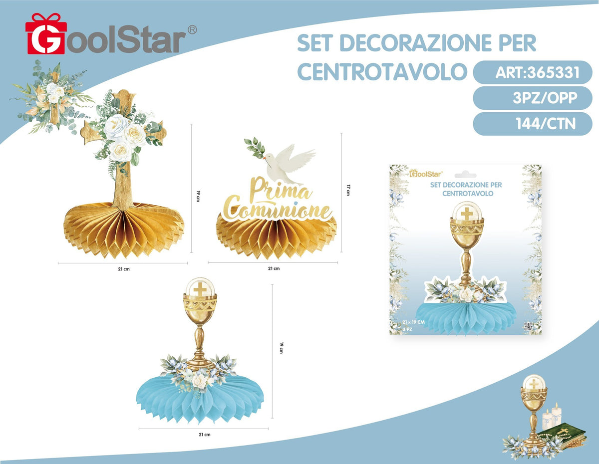 Set di decorazioni a nido d’ape centro tavolo prima comunione celeste