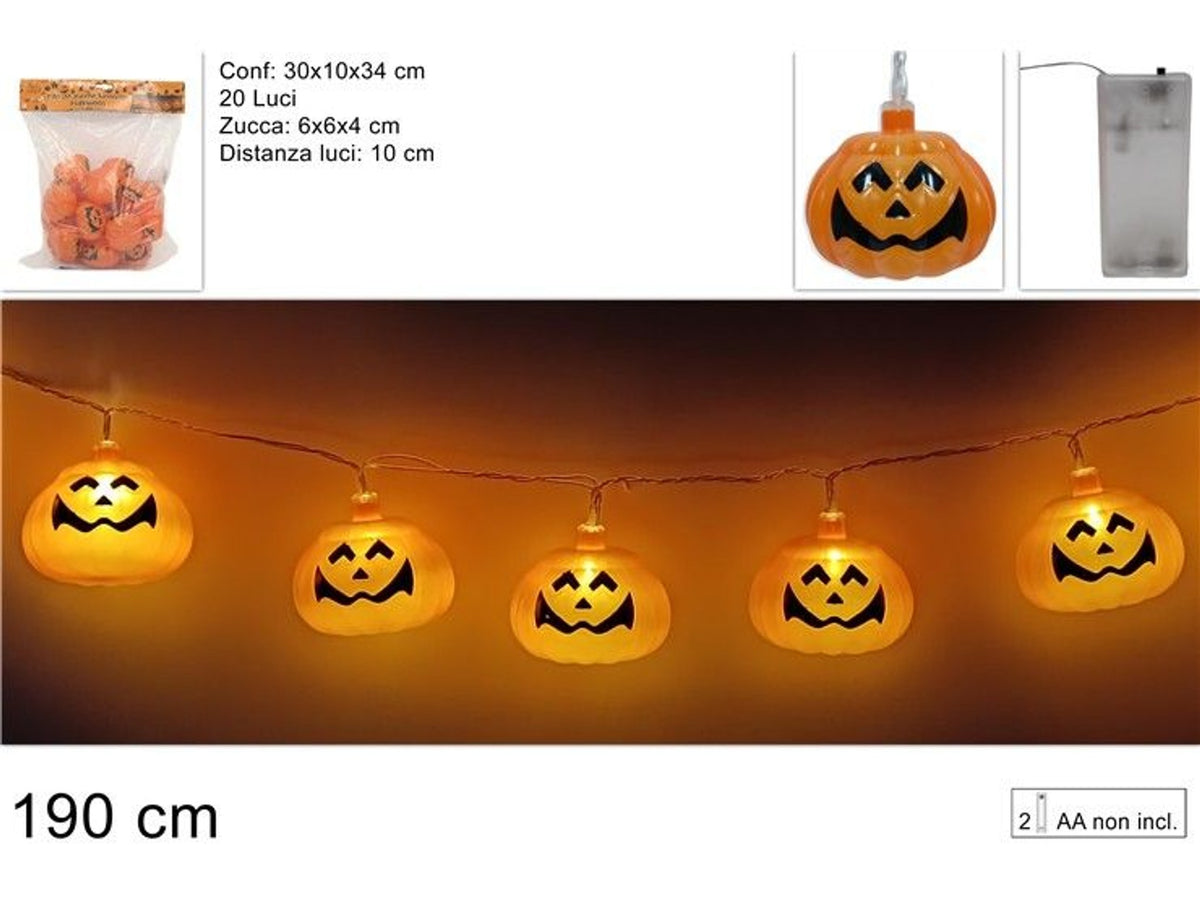 Filo luminoso con 20 zucche di Halloween, 190 cm