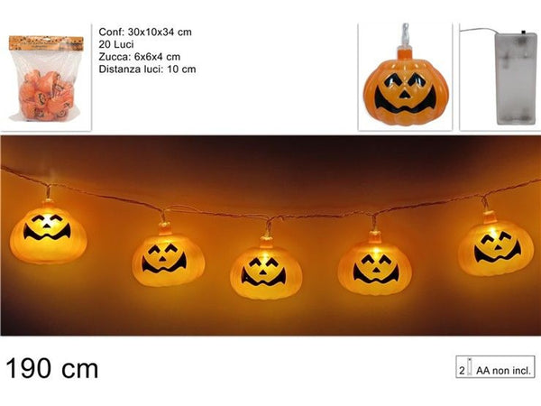 Filo luminoso con 20 zucche di Halloween, 190 cm