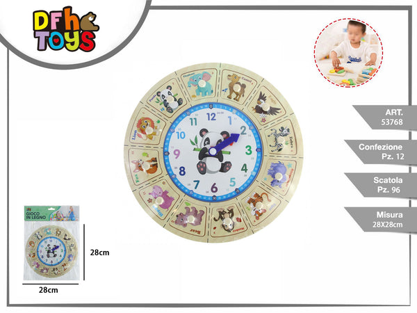 Puzzle orologio in legno con animali, 28 cm