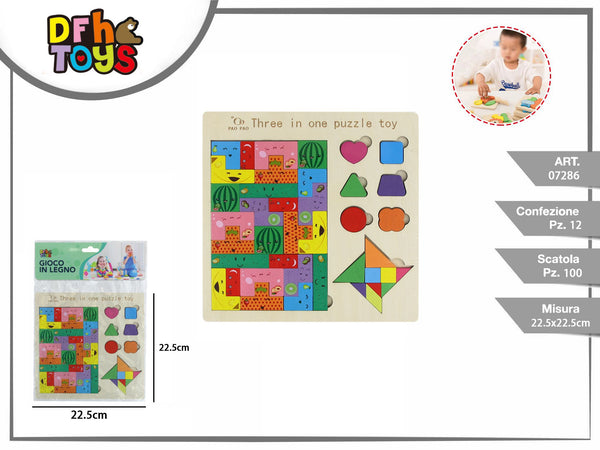 Puzzle in legno 3 in 1 con forme e blocchi colorati