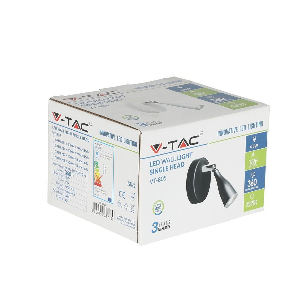 Applique LED V-TAC a faretto 4,5 W 3000 K nera