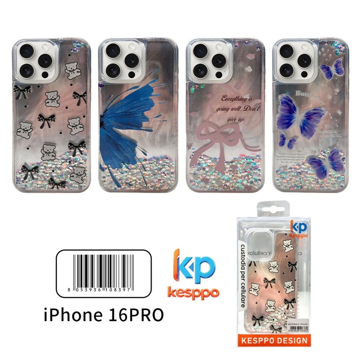 Custodia per iPhone 16 Pro – con liquido e glitter