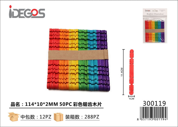 Set di 50 bastoncini dentellati in legno colorato, 114 x 10 x 2 mm