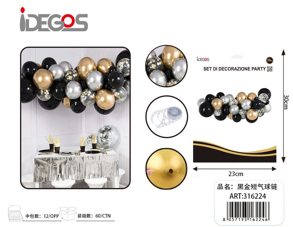 Kit arco di palloncini neri, oro e argento