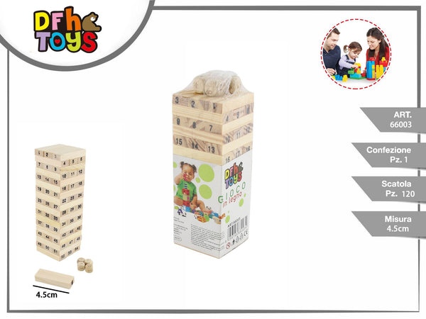 Torre di blocchi numerati in legno con dadi