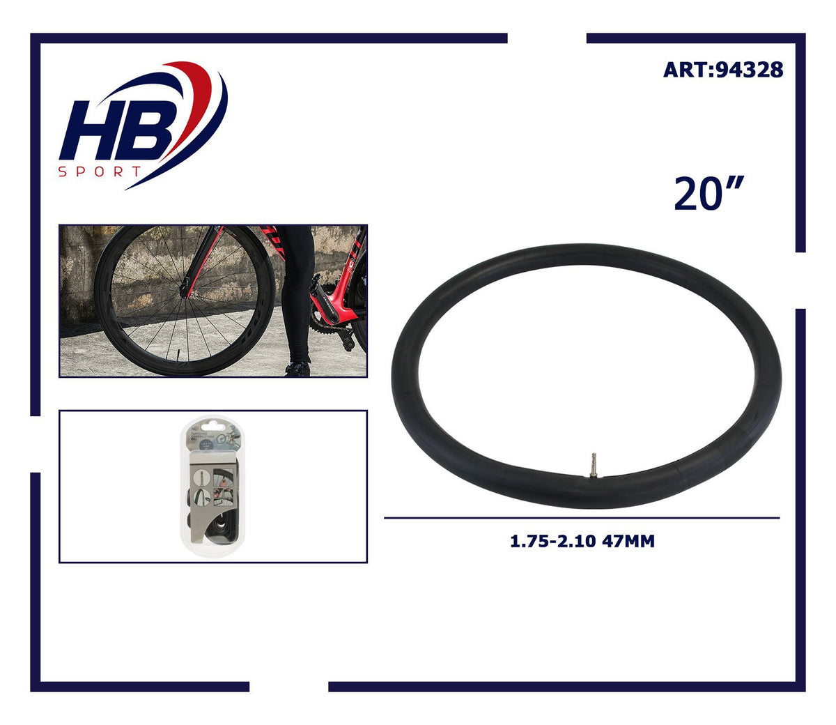 Camera d'aria per bicicletta, valvola da 47 mm
