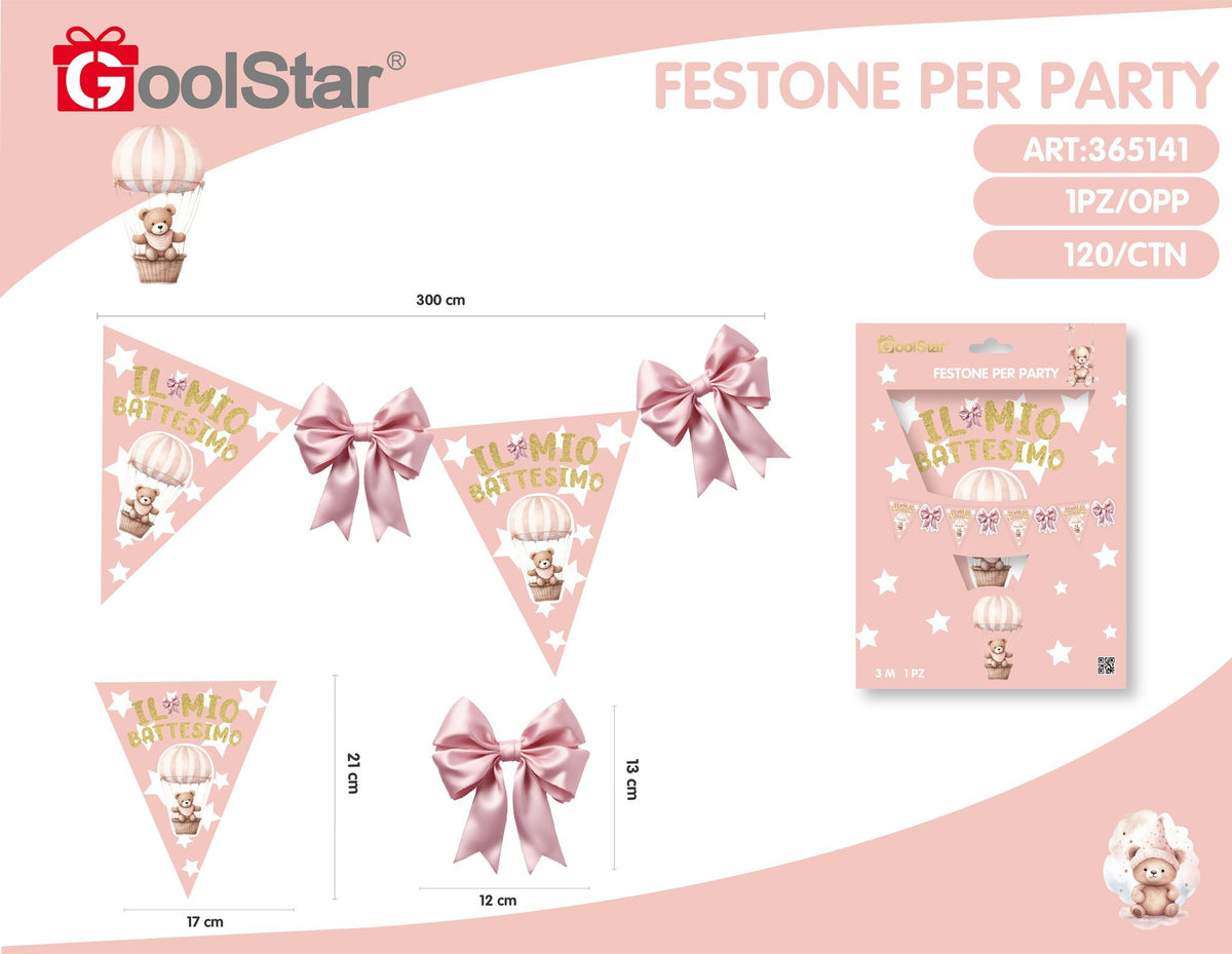 Festone con bandierine triangolari per party, battesimo con orsetto rosa