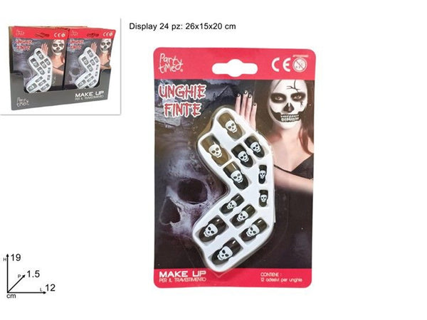 Set di 12 unghie finte nere con teschi