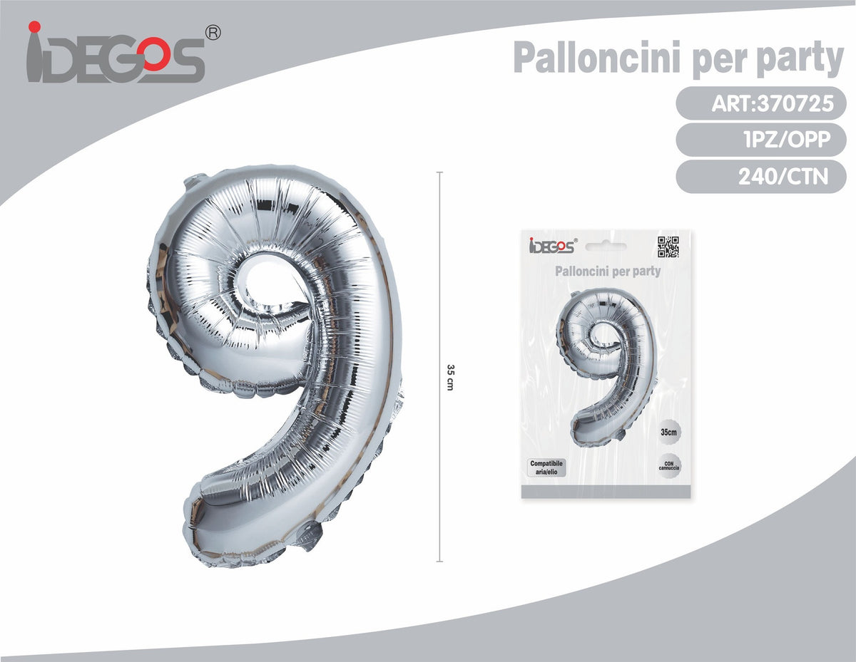 Palloncino Numero 9 Argento 35cm