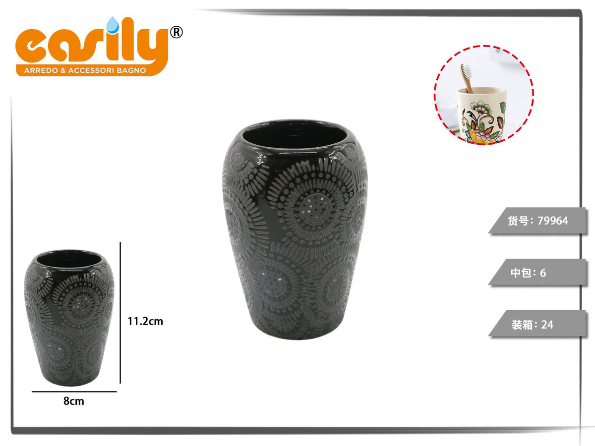 Bicchiere bagno in ceramica nera decorata