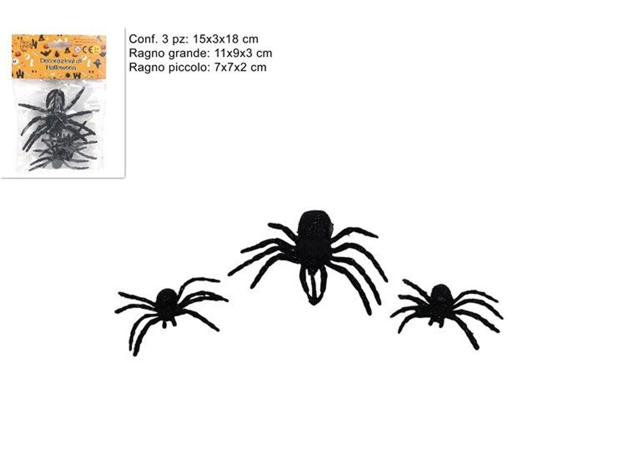 Set di 3 ragni neri decorativi Halloween