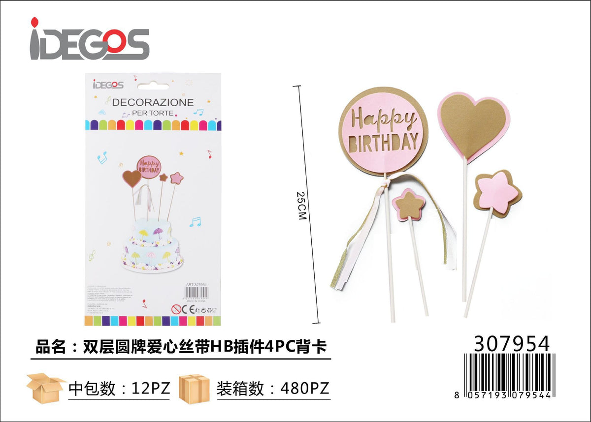 Decorazioni per torta Happy Birthday con cuore e nastro, 4 pezzi