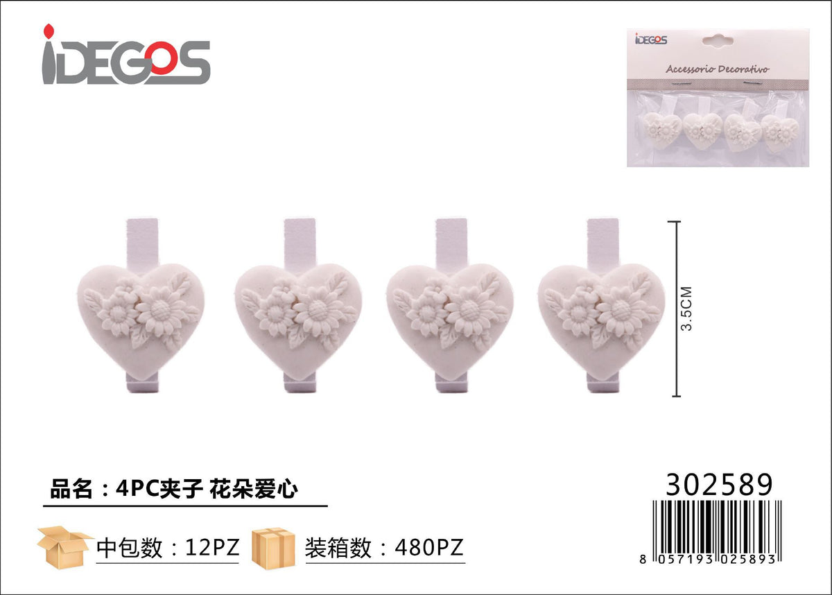 Set di 4 mollette decorative Fiori e cuoricini in resina