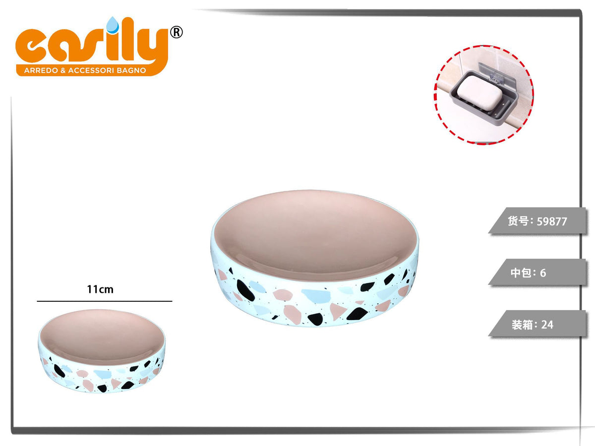 Portasapone rotondo in ceramica con interno rosa e decoro a frammenti