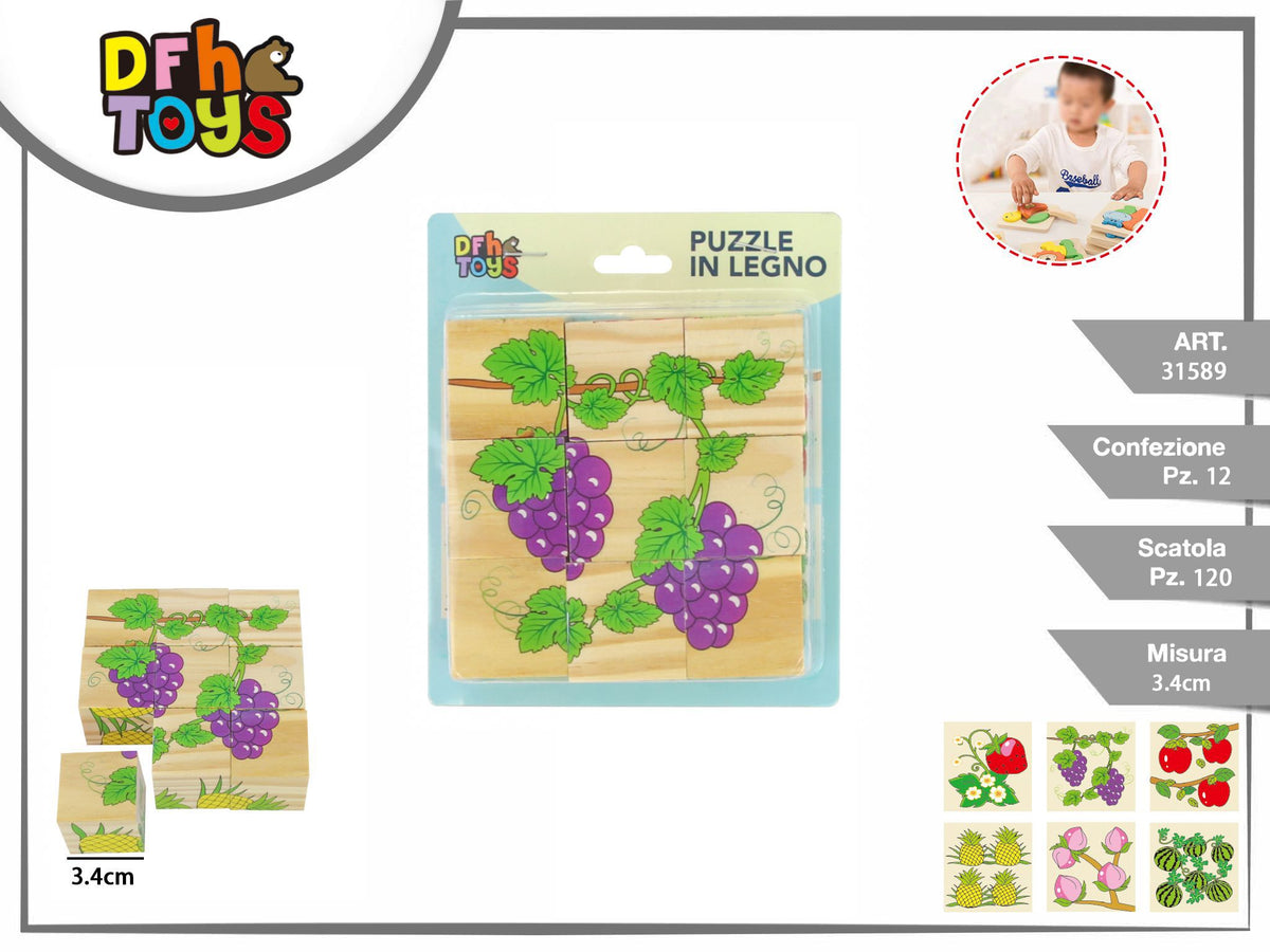 Puzzle di 9 cubi in legno con frutta