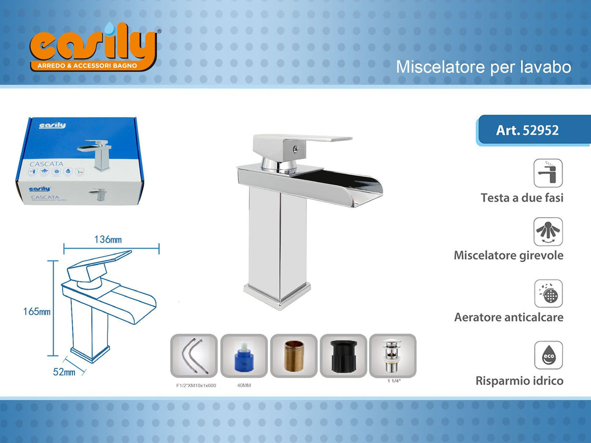 Miscelatore lavabo CASCATA con bocca corta aperta
