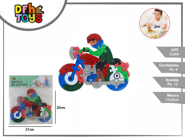 Puzzle alfabetico in legno a forma di motociclista, 27 × 20 cm