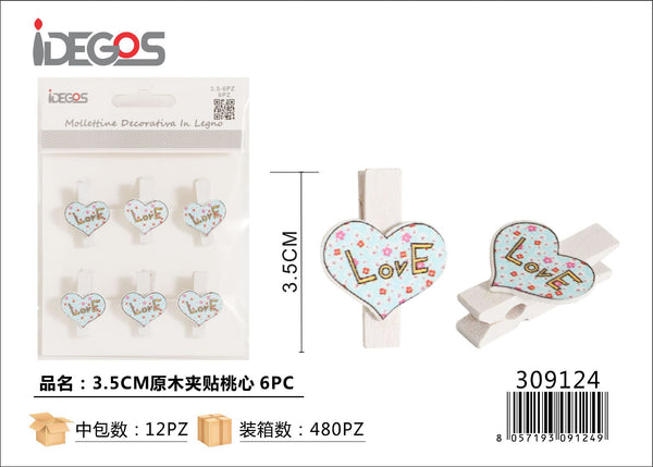 Mollette decorative con cuori Love colorati, 3,5 cm, 6 pezzi