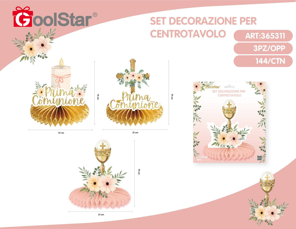 Set di decorazioni a nido d’ape per centro tavolo prima comunione rosa