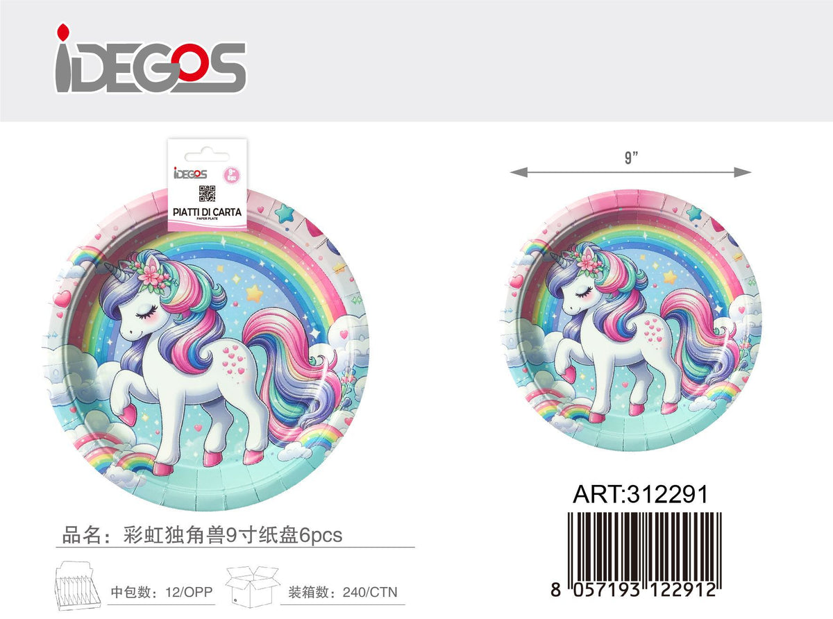 Piatto di carta rotondo unicorno 9 pollici