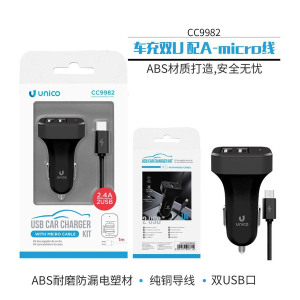CC9982 Caricabatteria Auto 2 Porte USB-A 2.4A con Cavo USB-A to Micro USB Kit