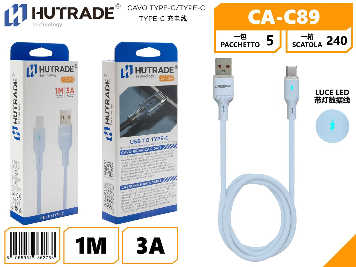 Cavo USB-A a USB-C HUTRADE CA-C89, 1 m, 3 A, con LED