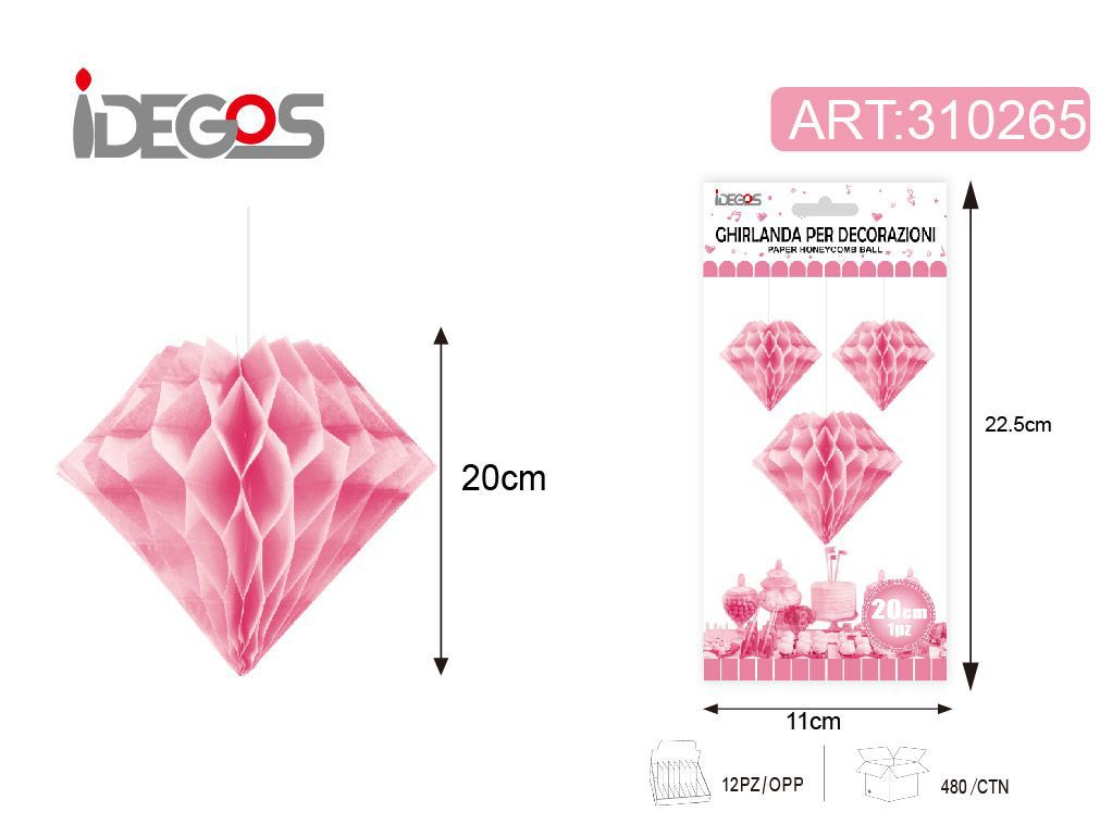 Decorazione in carta a nido d’ape diamante rosa 1 pezzo