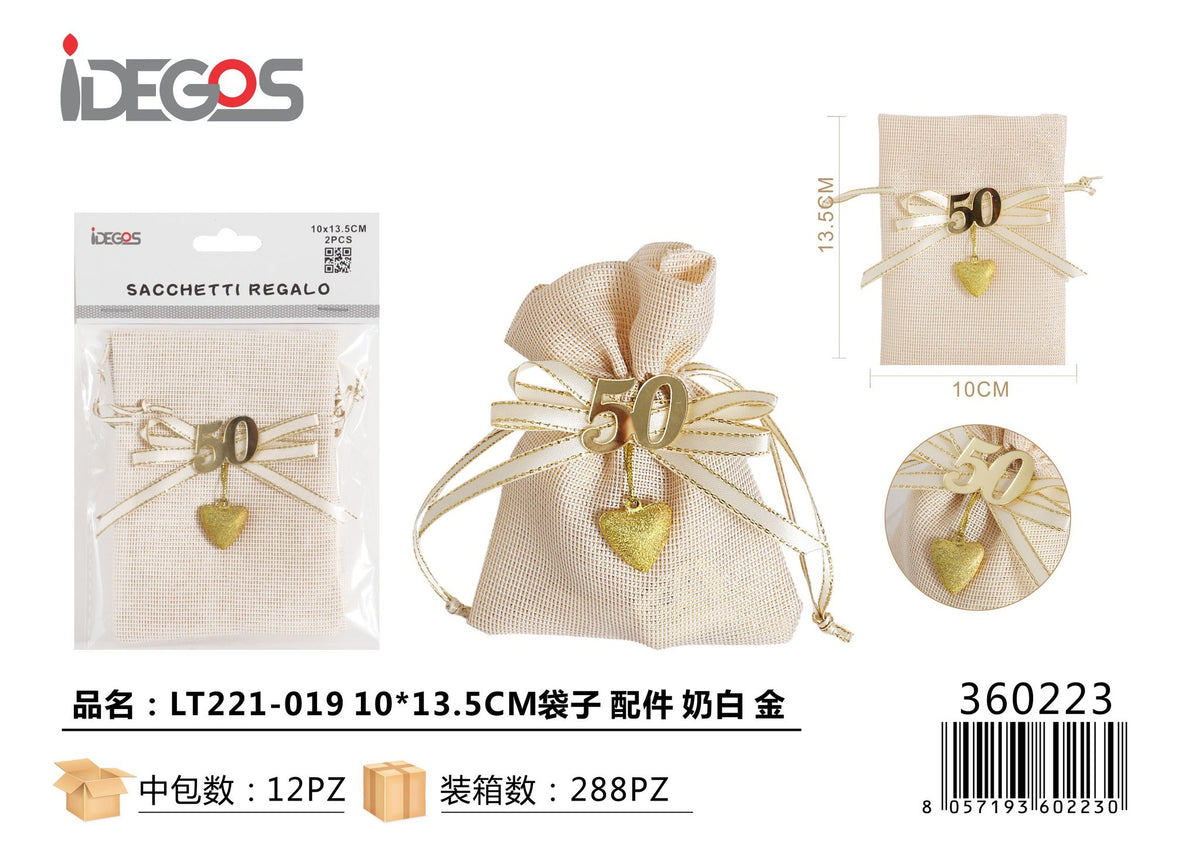 Sacchetto in juta con fiocco per anniversario, LT221-019, 10 x 13,5 cm