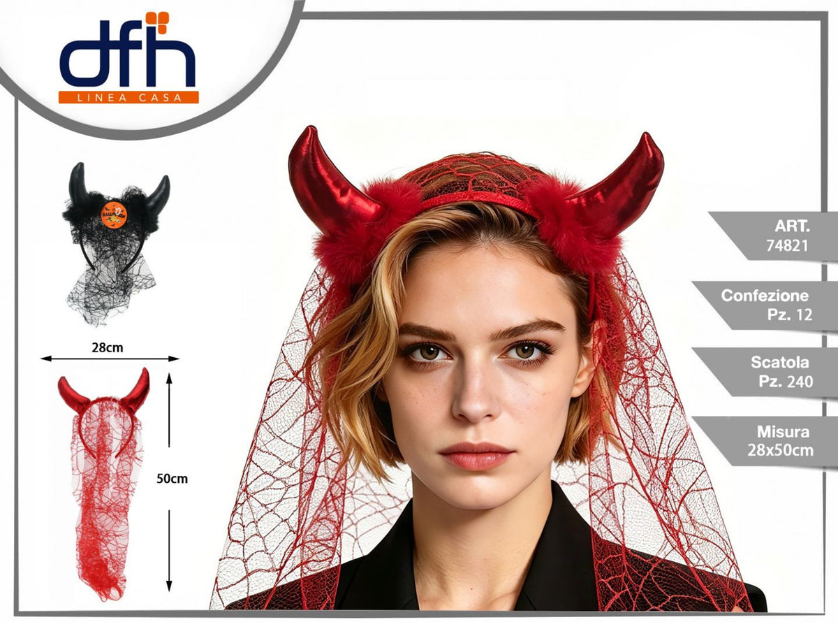 Cerchietto Halloween con corna e velo, 28 × 50 cm