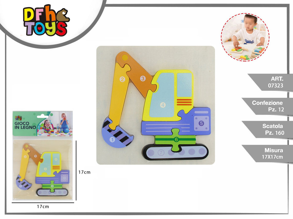 Puzzle in legno escavatore, 7 pezzi, 17 cm