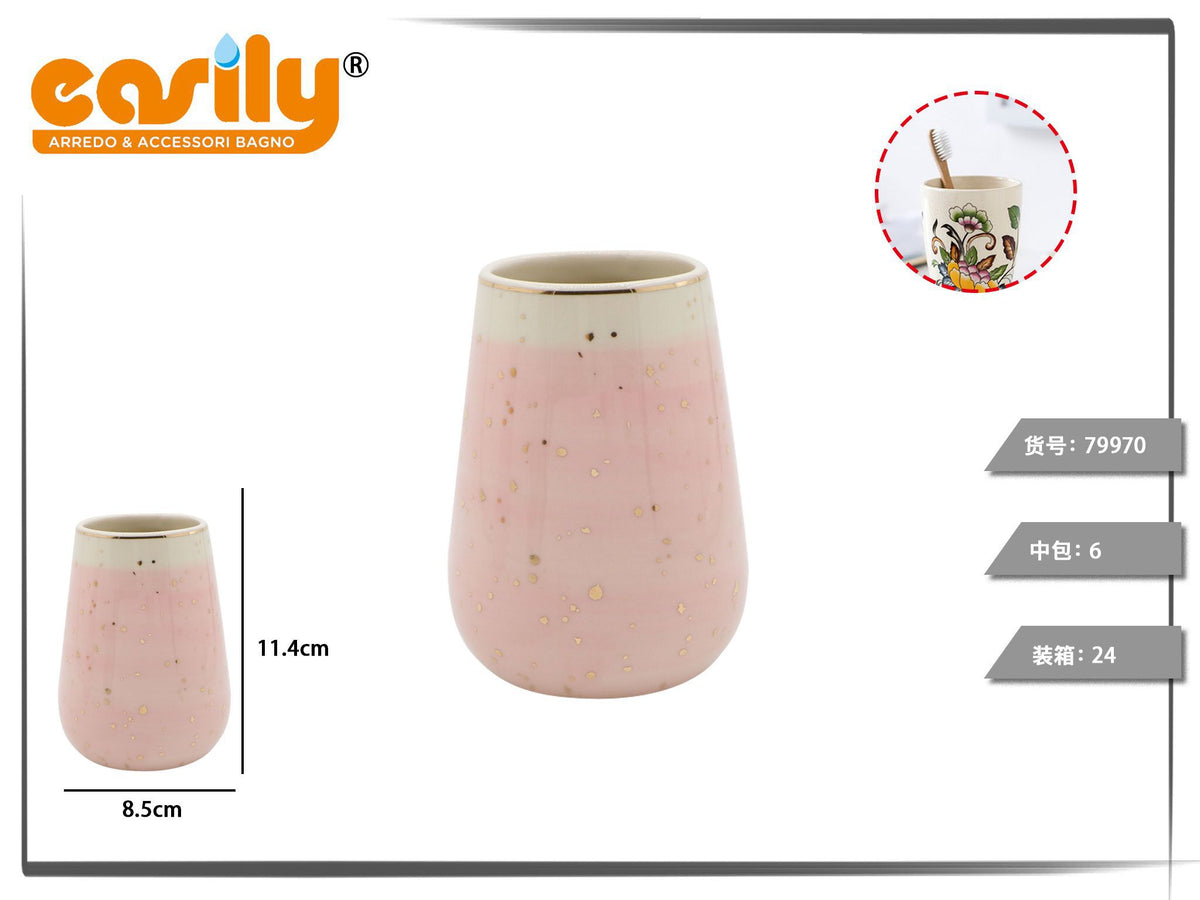 Bicchiere portaspazzolini in ceramica rosa sfumata con dettagli dorati