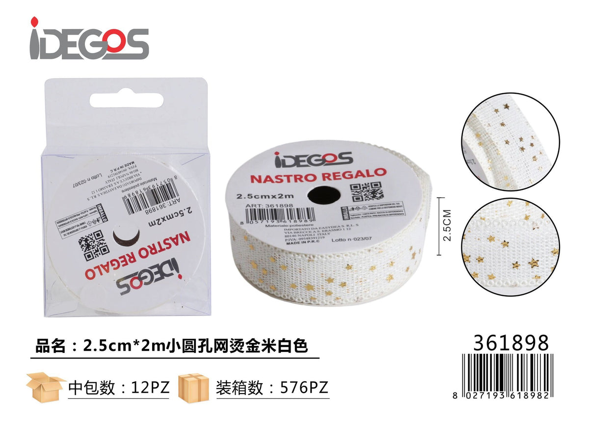 Nastro regalo traforato con decorazione dorata, bianco avorio, 2,5 cm x 2 m