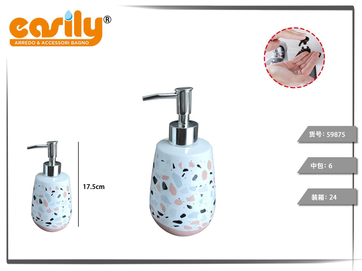 Dispenser sapone in ceramica con decoro a frammenti e base rosa