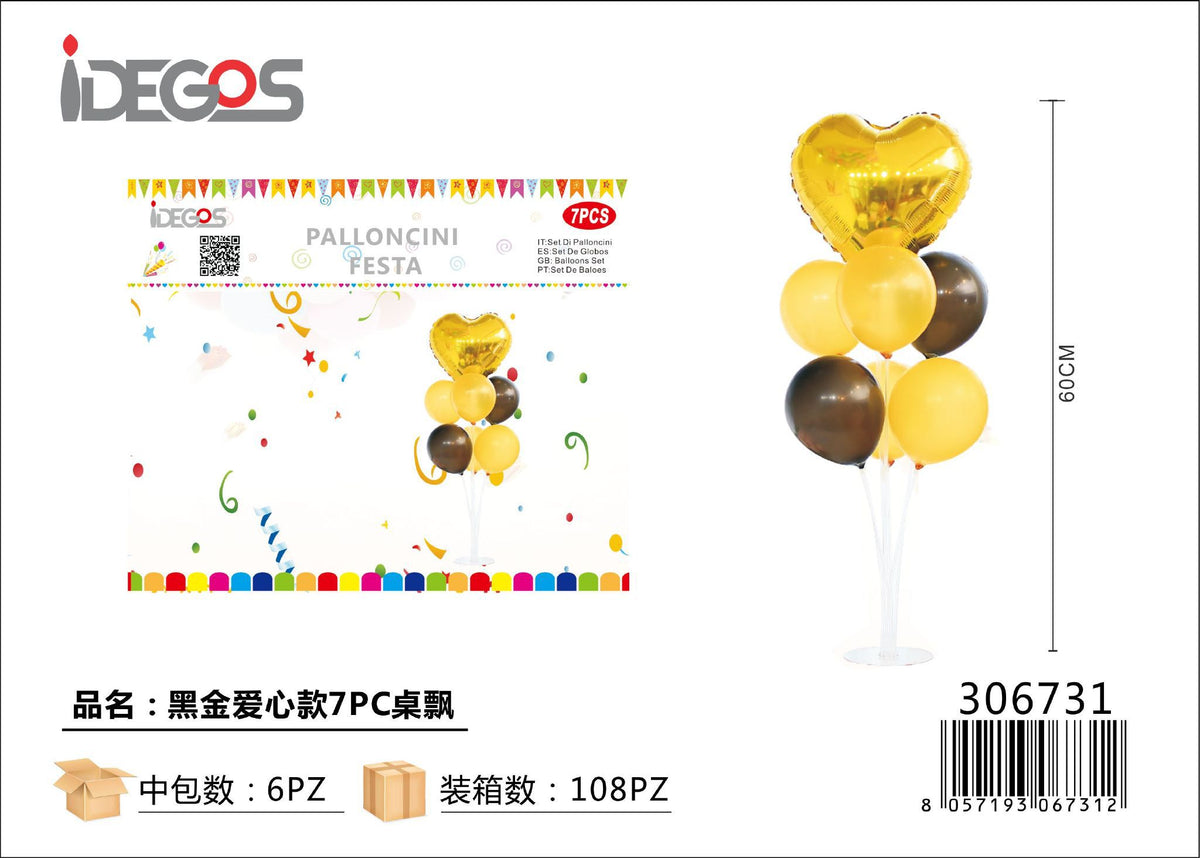 Set da tavolo di palloncini a cuore neri e oro, 7 pezzi