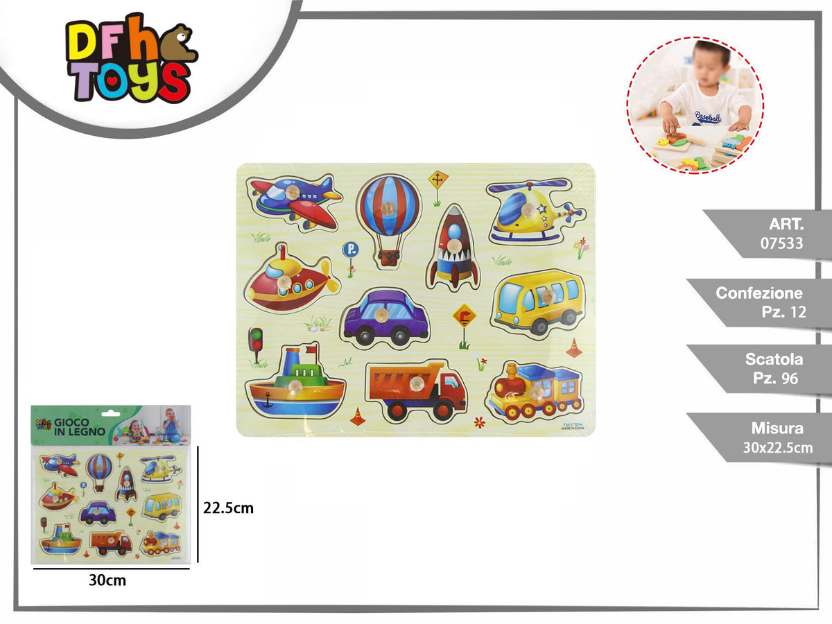 Puzzle in legno mezzi di trasporto con pomelli, 30 × 22,5 cm