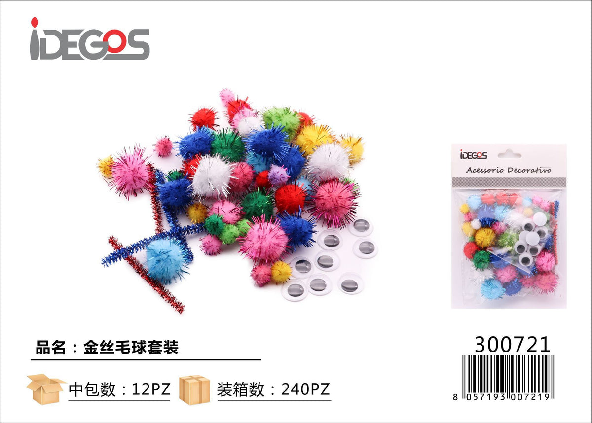 Set di pompon decorativi assortiti con fili dorati