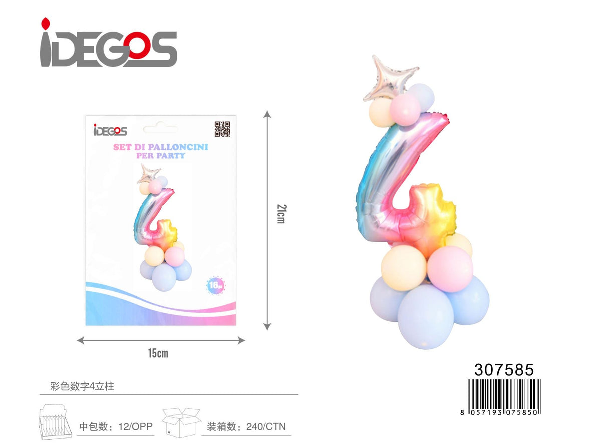 Set di palloncini colorati con corona e numero 4