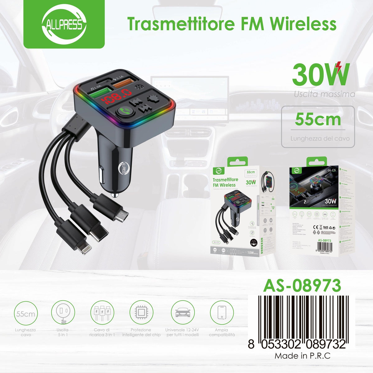 Adattatore Bluetooth per auto con cavo 3 in 1 — 30 W