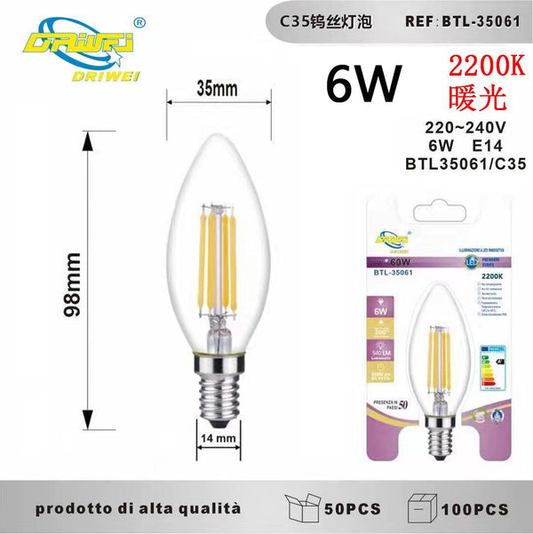 Lampadina decorativa a filamento — 6 W, 2200 K, E14