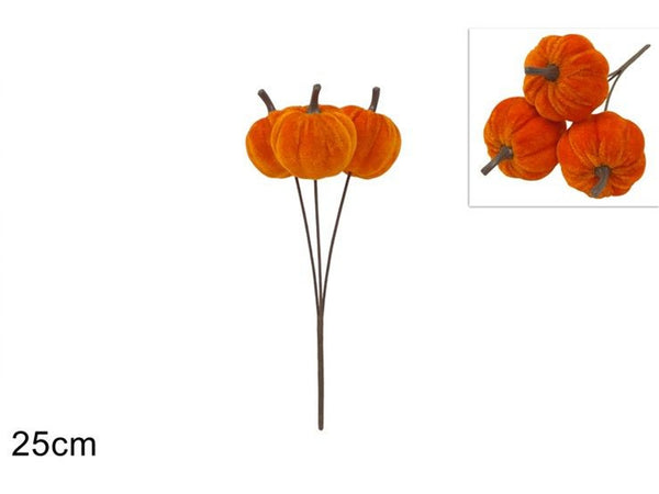 Ramo decorativo con tre zucche floccate, 25 cm