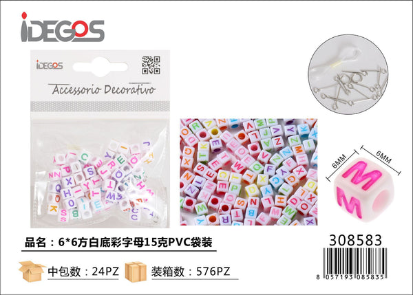 Perline cubiche bianche con lettere colorate, 15 g