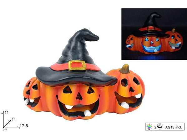 Decorazione luminosa con tre zucche e cappello da strega
