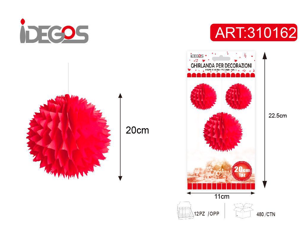 Decorazione in carta a nido d’ape, sfera a punte, rosso