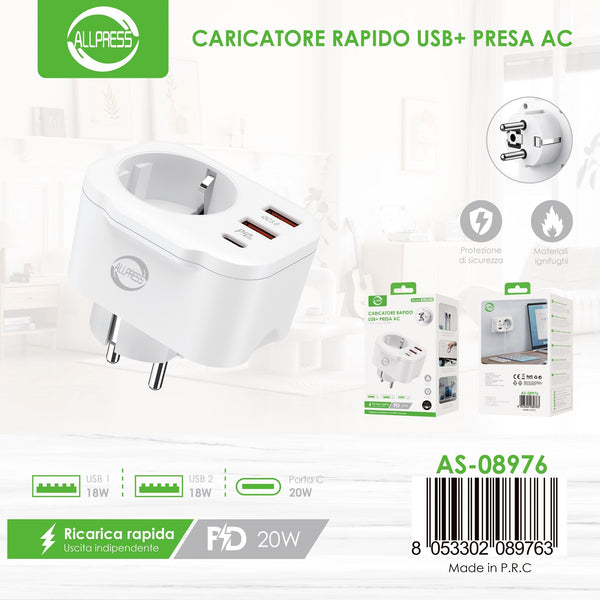 Adattatore elettrico con USB-C e due porte USB — 20 W