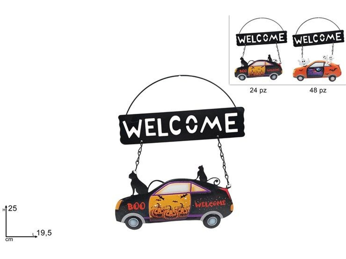 Decorazione Halloween Welcome con automobile in latta
