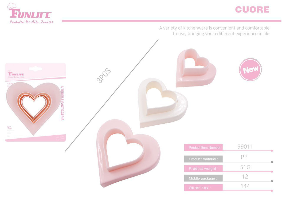 Stampi in plastica per biscotti, cuore, confezione da 3 pezzi