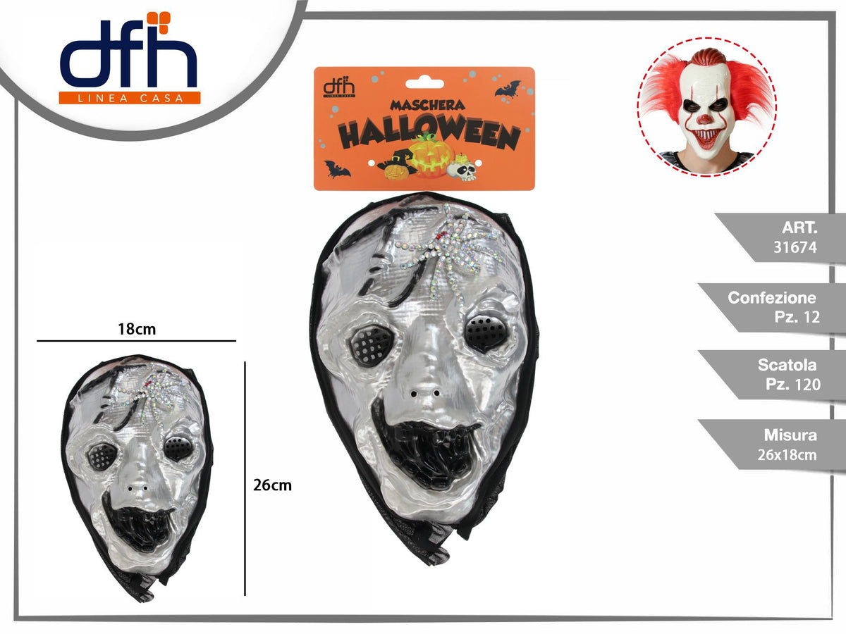 Maschera Halloween argentata con ragno brillante 26 × 18 cm