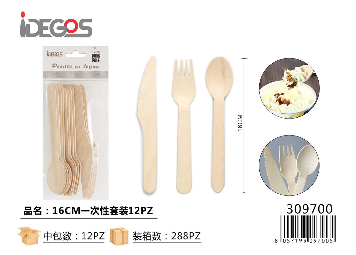 Set di posate monouso in legno, 16 cm, 12 pezzi